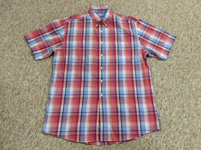 Jos A Bank Shirt Mens Large Red Blue Plaid Button Down Stays Cool Cotton Casual