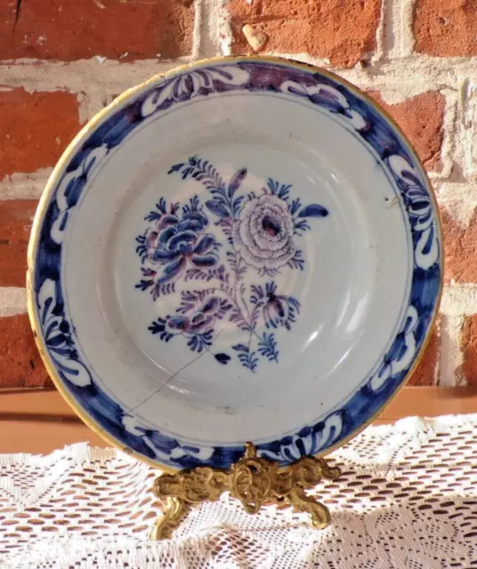 Antique Decorative Delft 18th Century Plate Floral Tin Glazed Distressed Dutch
