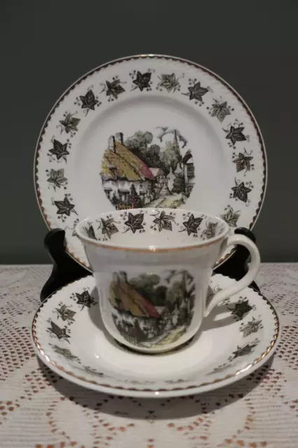 Portland Pottery Trio - Cup Saucer Plate - English Scene - Vintage - High Tea Gc