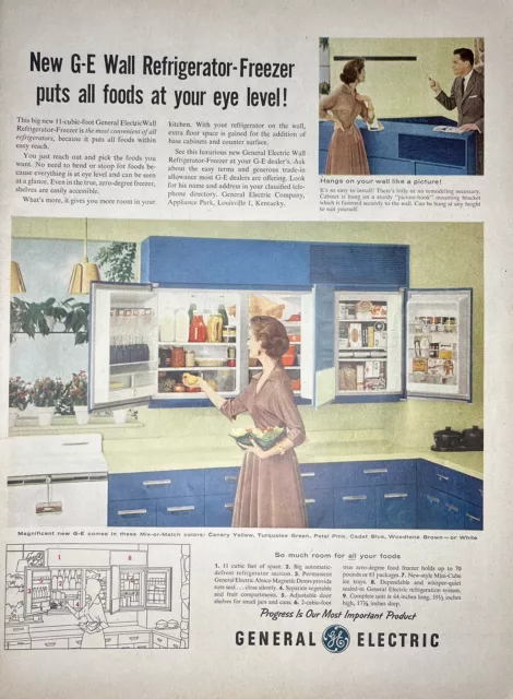 Vtg Print Ad 1956 General Electric Wall Refrigerator Freezer Retro Kitchen MCM