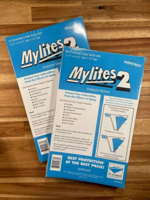 100(2x50) E. Gerber Mylites 2 STANDARD (725M2=7.25x10.5) comic bags - FREE SHIP