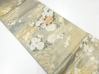 6061706: Japanese Kimono / Vintage Fukuro Obi / Gold Foil / Woven Crane & Floral