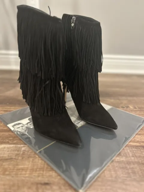 Sam Edelman “Belinda” black suede fringe pointed toe stiletto boots shoes 10