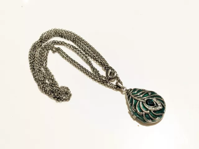 Silver Tone chain Necklace with blue enamel rhinestone peacock locket pendant