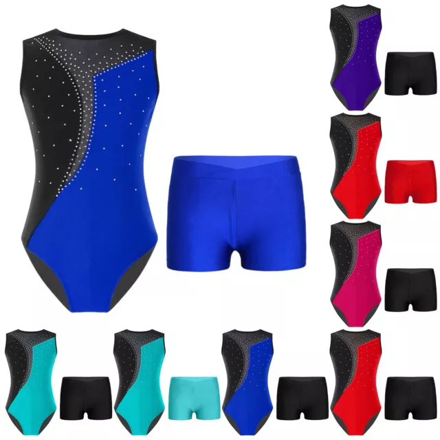Rhinestones Gymnastics Leotards for Girls with Matching Shorts Dance Outfits