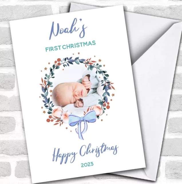 Baby Boy 1st First Xmas Photo Wreath Custom Greeting Personalised Christmas Card