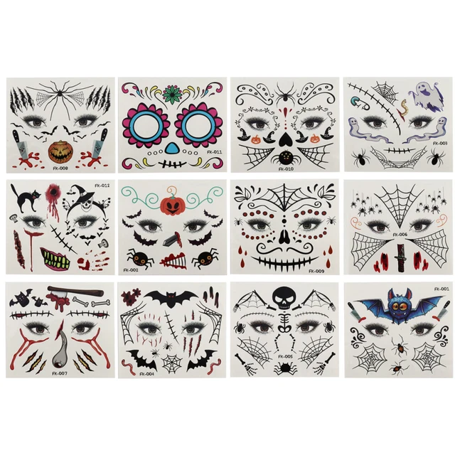 12 Sheets Water Transfer Stickers Halloween Face Child Spider Net Party Prop