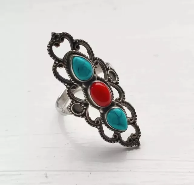 Coral Turquoise Sterling Silver Navajo Style Ring Approx Size R 1/2 | US 9