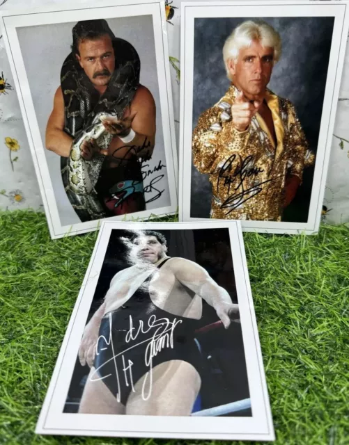 3x WWF Official Vintage Photographs Printed Signatures Andre Flair Jake Snake