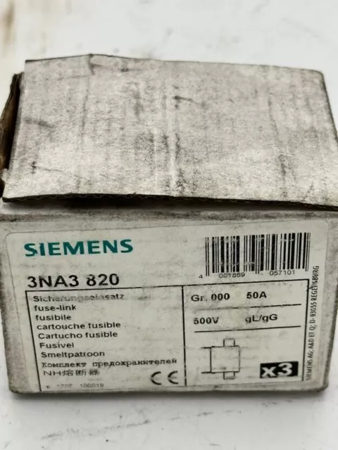 3 pce x SIEMENS CARTOUCHE FUSIBLE 3NA3 820 50A / 500v