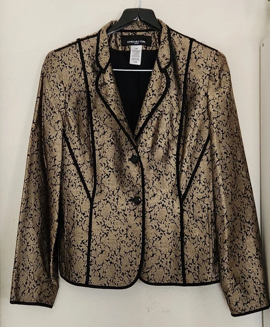 VTG Jones New York Brocade Silk Blend Jacket Black And Gold Size 10 Petite