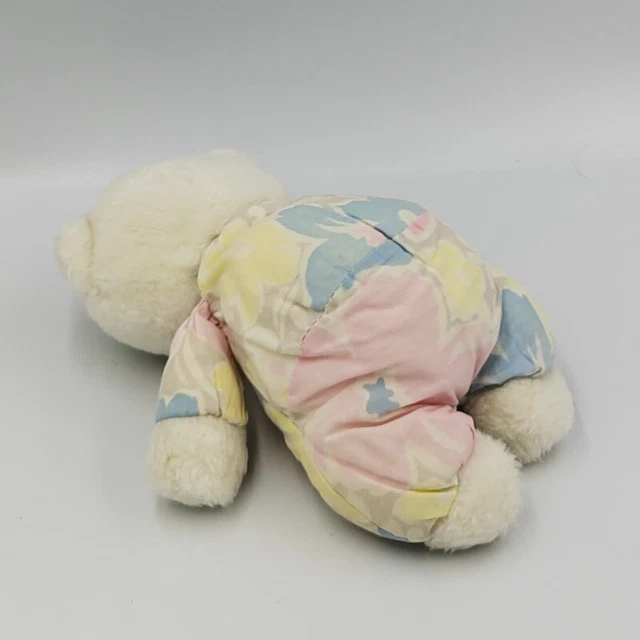 Ancien doudou peluche ours blanc rose bleu jaune beige fleurs - 30376 3
