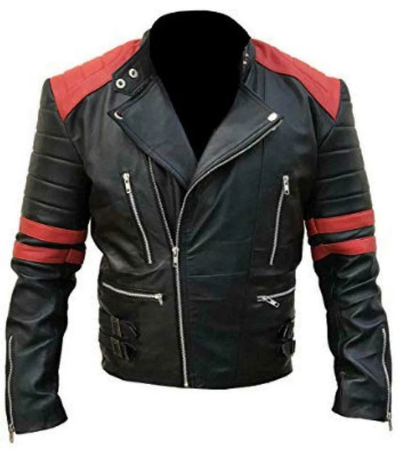 Mens Classic Design Brando Red Black Biker Genuine Real Leather Jacket Vintage