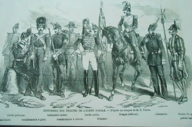 Gravure 1866 - Uniformes des troupes de l'armée Papale
