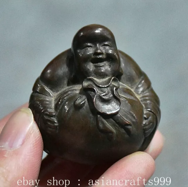 1.6" Chinese Lila Bronze Glückliches Lachen Maitreya Buddha Reichtum Statue