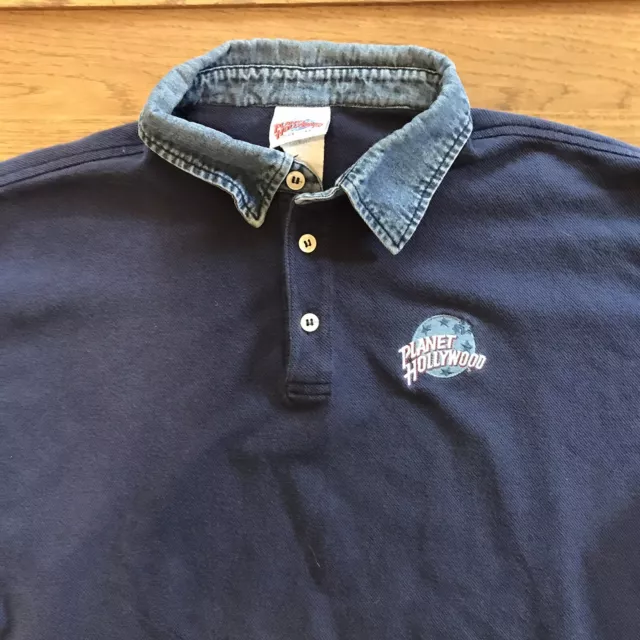 VINTAGE Planet Hollywood XL Mens Navy Blue Polo Shirt Denim Collar VERY GOOD