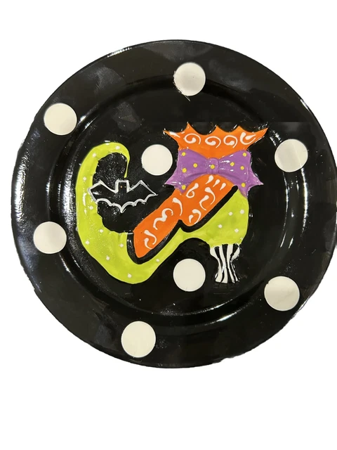 Halloween Desert Plate Witch Boot, Spooky Bat Green Orange Skeleton & Shiver LN!
