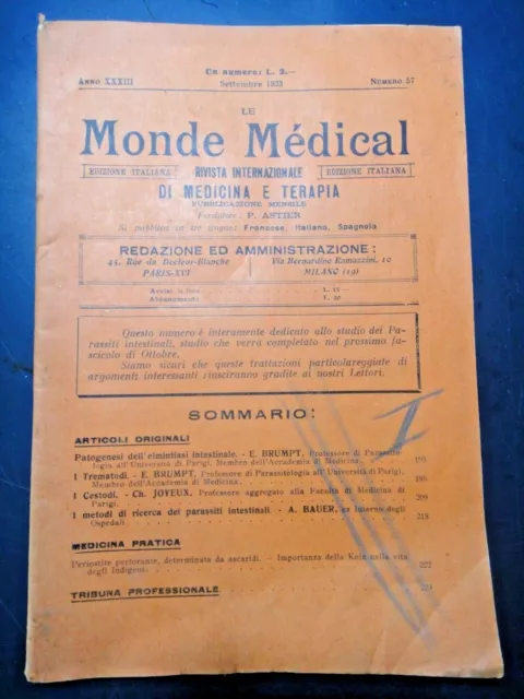 SETT 1923 " Le MONDE MEDICAL " RIVISTA INTERNAZIONALE DI MEDICINA E TERAPIA