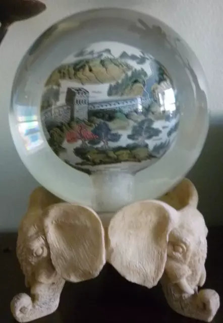 Chinese Reverse Painted Art Crystal Ball Glass Globe Paperweight - 5+" Diameter