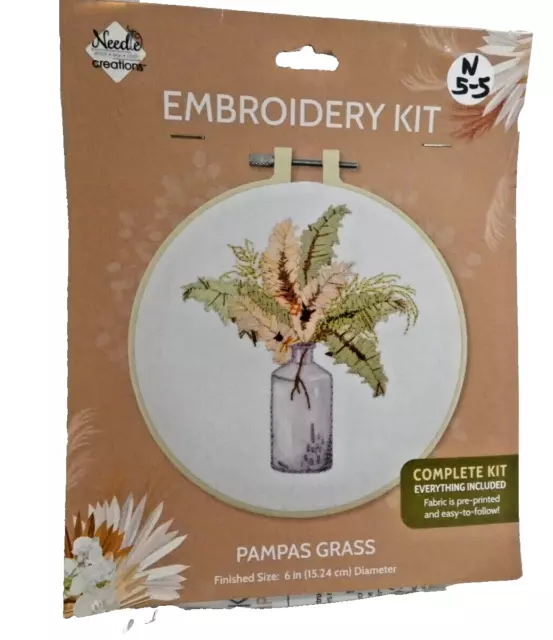 Pampas Grass DIY Embroidery KIT Complete Round Hoop Frame 6" Diameter