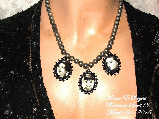 Arturo E.Reyna AUDREY HEPBURN CAMEOS VINTAGE STYLE METAL BEADS CHARMS NECKLACE