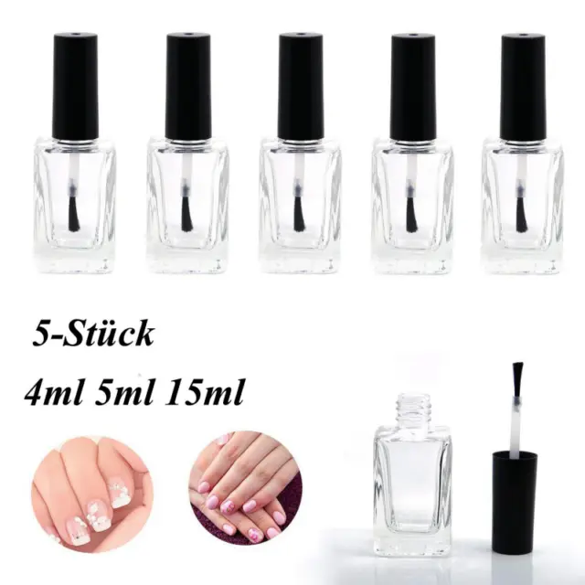 5 botellas transparentes de esmalte de uñas tapa negra, botellas vacías de vidrio 4-15 ml