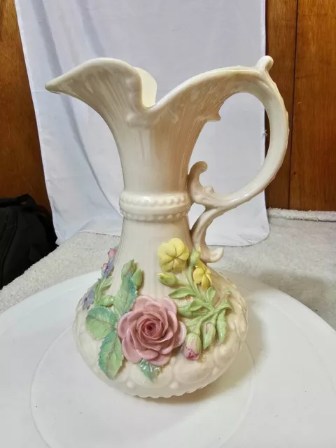 BELLEEK 1965-1980? GREEN MARK 3D Rose FLOWERS PITCHER /Vase w HANDLE EWER- READ