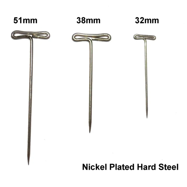 NICKEL PLATED HARD STEEL T PINS T-PIN T-HEAD MACRAME MODELLING CRAFT 3 Sizes