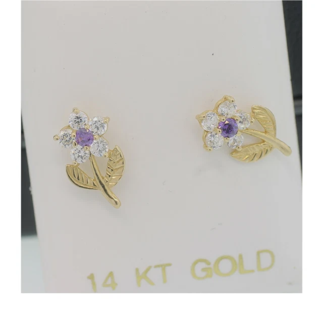 Fiore Viola Bambino Orecchini " REAL 14K " Oro Giallo 10MM Protettivo Posteriori