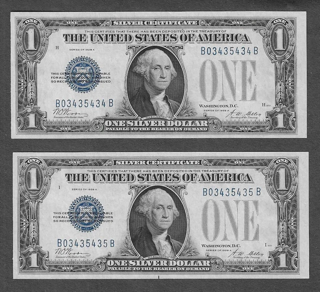 FR. 1601 UNC (2) Consecutive Numbers- One Dollar $1 - 1928A Funny Back