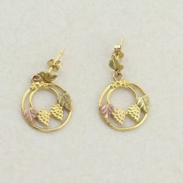 10k Black Hills Gold Grape and Leaf Earrings Dangle Drop Earrings