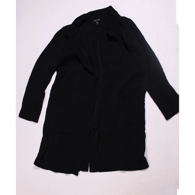 Eileen Fisher Rayon Silk Blend Stretch Knit Open Front Collared Cardigan Sweater