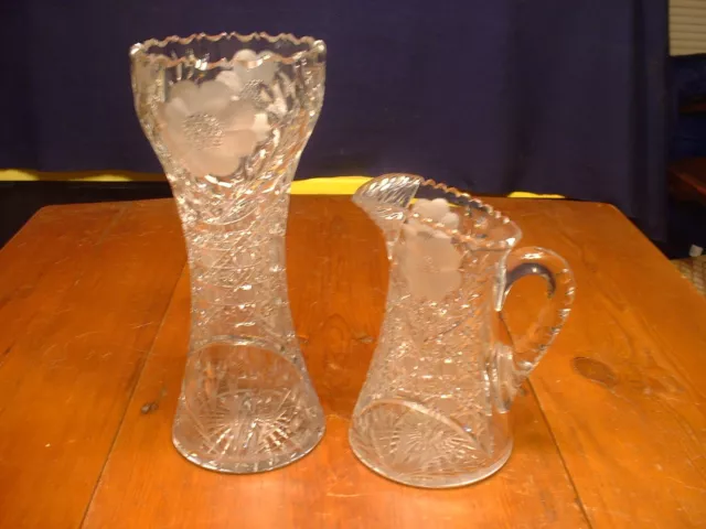 Unusual Fine Antique ABP American Brilliant Period Cut Glass Pitcher & Vase Set