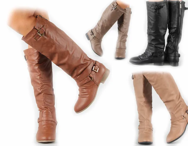 NEW  Women's Zipper Military Low Flat Heel  Buckle Riding Knee High Boot  Shoes