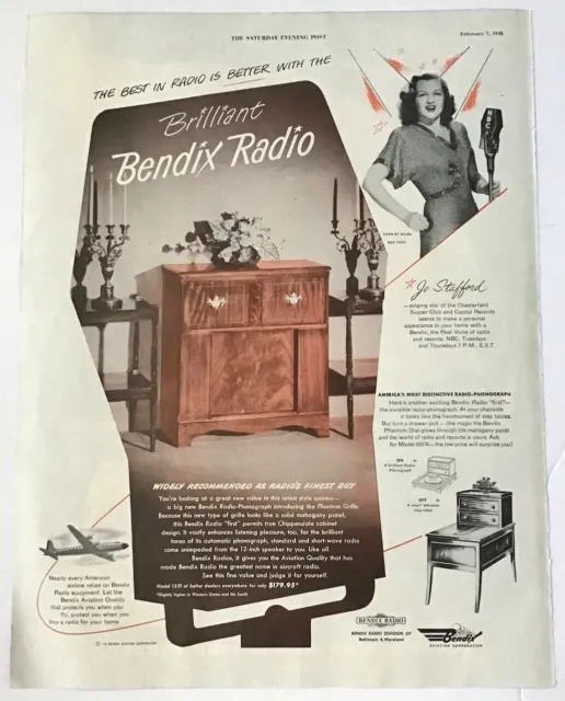 1948 magazine ad for Bendix Radios - models 1531, 697A, vocalist Jo Stafford