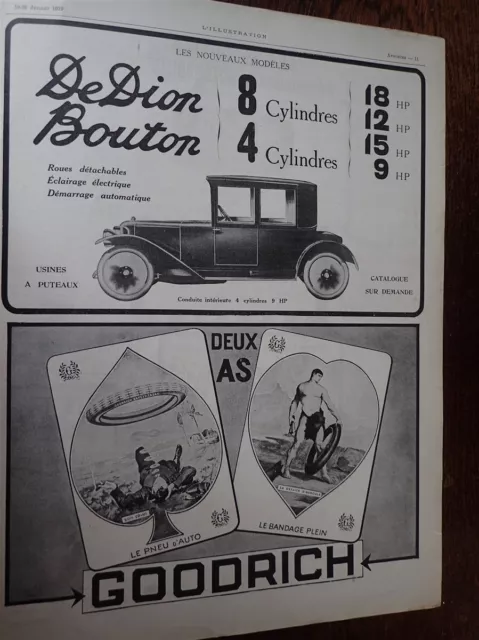 DE DION BOUTON automobile + pneu GOODRICH publicité papier ILLUSTRATION 1919