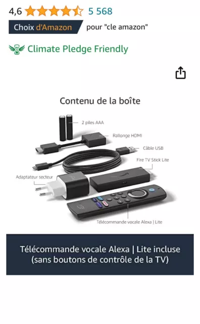 Clé Amazon Fire TV Stick Lite avec télécommande vocale Alexa