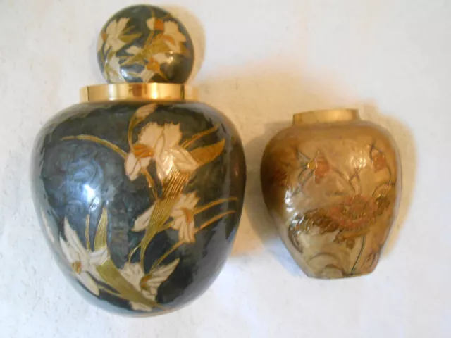 2 alte  Emalliert Vasen - Deckelvase - Messing - Ingwertopf Tee - Blumenvase