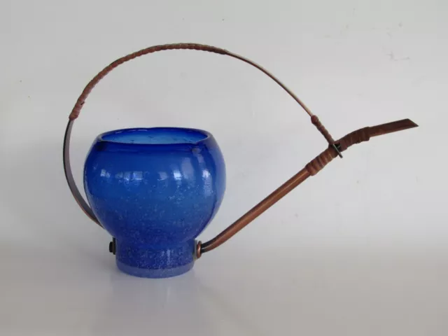 Amici Blue Blown Art Glass Watering Can with Copper Spout Rattan Wrapped Handle