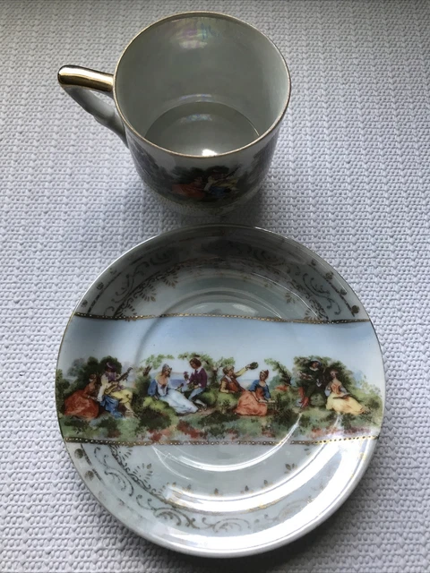 VTG Hand Painted Lefton Courting Couple Demitasse Footed Tea Set Gold Beading