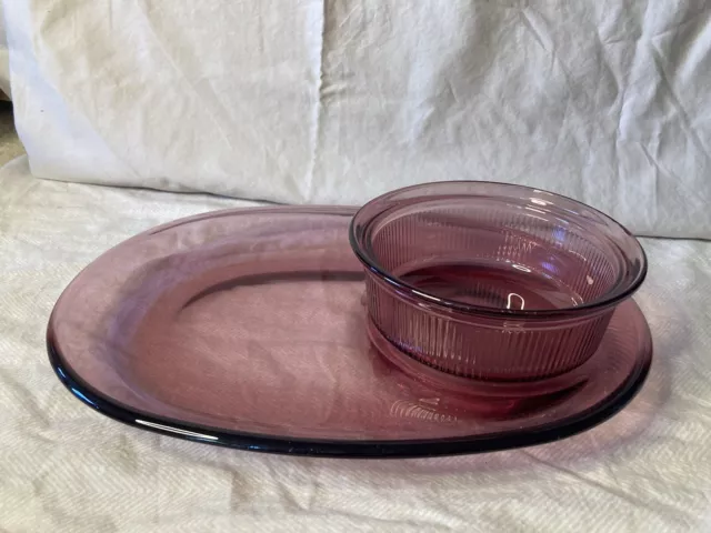 Vintage Corning Ware Cranberry Chip and Dip Set (Oval Dish and 1 Pint Bowl)