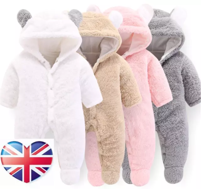 UK Teddybär Neugeborenes Säugling Baby Jungen Mädchen Fleece Strampler Overall Spielanzug