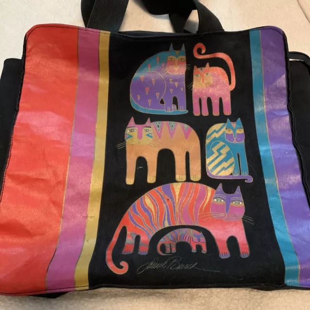 Laurel Burch Cat Double Handle Black Canvas Tote Shoulder Bag Zipper