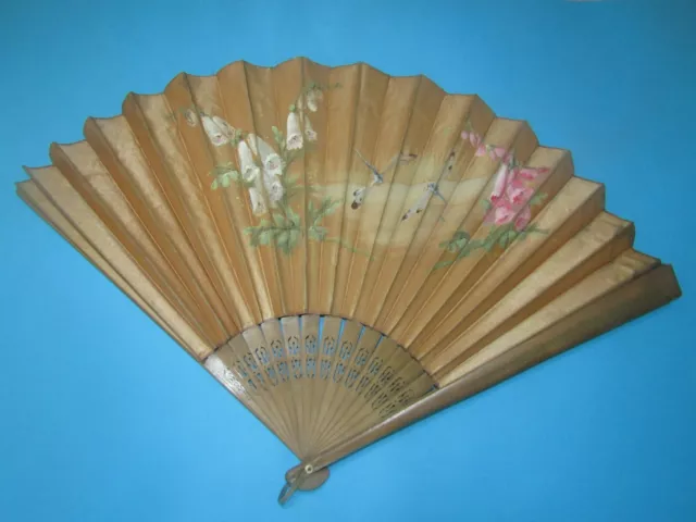 Ancien Grand Eventail Peinture Peint Aux Libellules Art Nouveau Fan Fächer