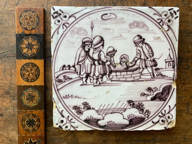 ANTIQUE 17th CENTURY DUTCH DELFT TILE Religious Theme Old Back CRACKLED Glaze