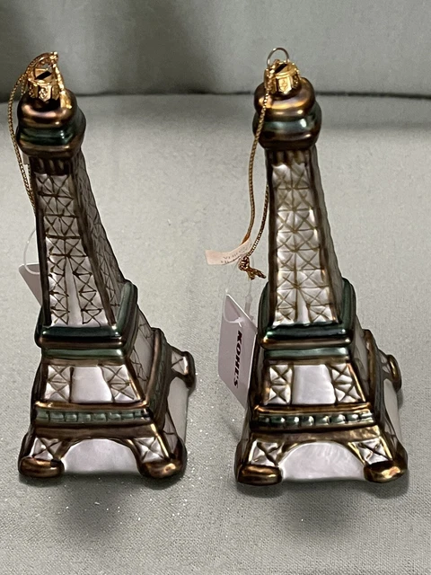 Eiffel Tower Paris France Blown Glass Christmas Tree Ornament Set Of 2 Brand New