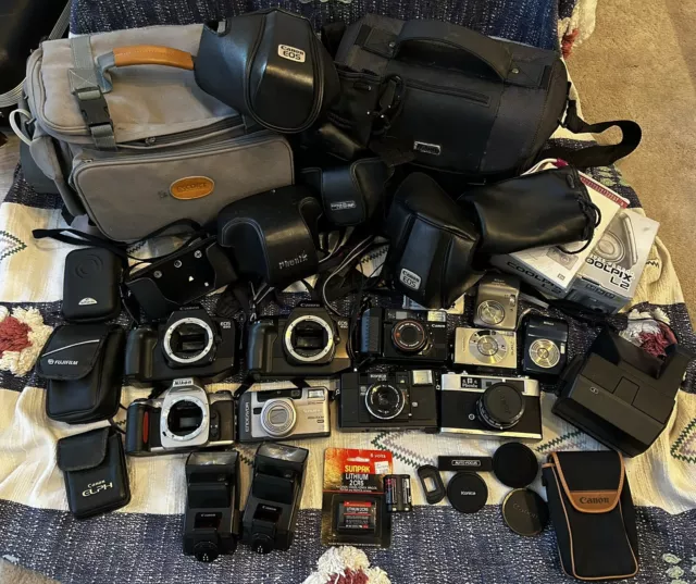 11 Camera Lot w/ Accessories Canon Nikon FujiFilm Phenix Polaroid untested AS-IS
