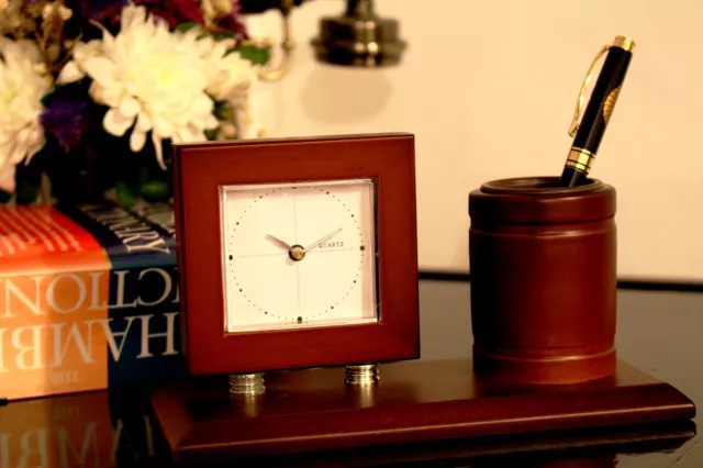 Classical Wooden Desk Table Clock With Pen Holder Business Gift Idea Quartz