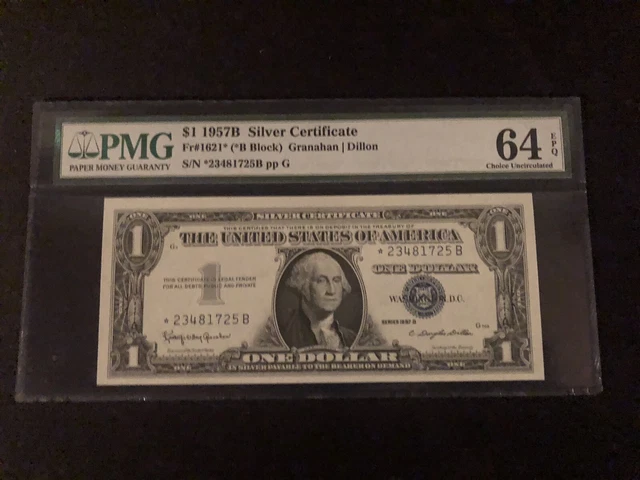 1957 B $1 Silver Certificate Star Note- Fr.1621* PMG 64 EPQ Choice Uncirculated