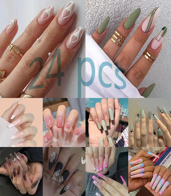 24 uñas postizas puntas de aguja impresión larga línea francesa cubierta completa 🙂